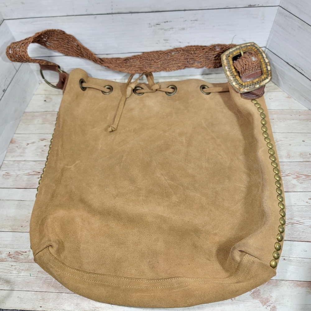 Leatherock Large  Studded Suede Bucket Hobo Handbag With Braided Strap